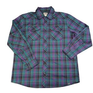 LL Bean Mens‎ Flannel Shirt L Purple Teal Plaid Wool Blend Snap elbow patch